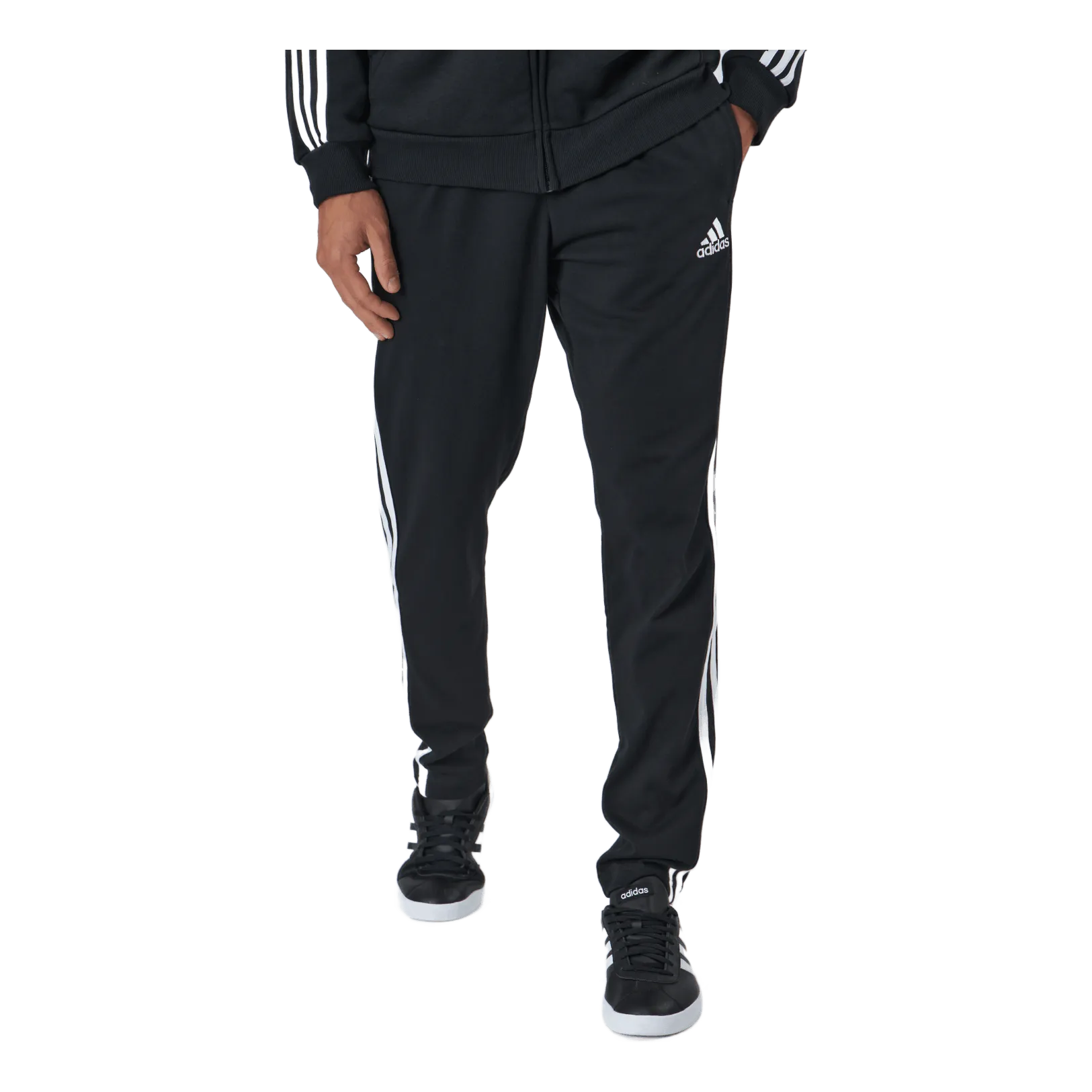 Adidas Essentials Tapered Open Hem 3 Stripes Pants Black / White