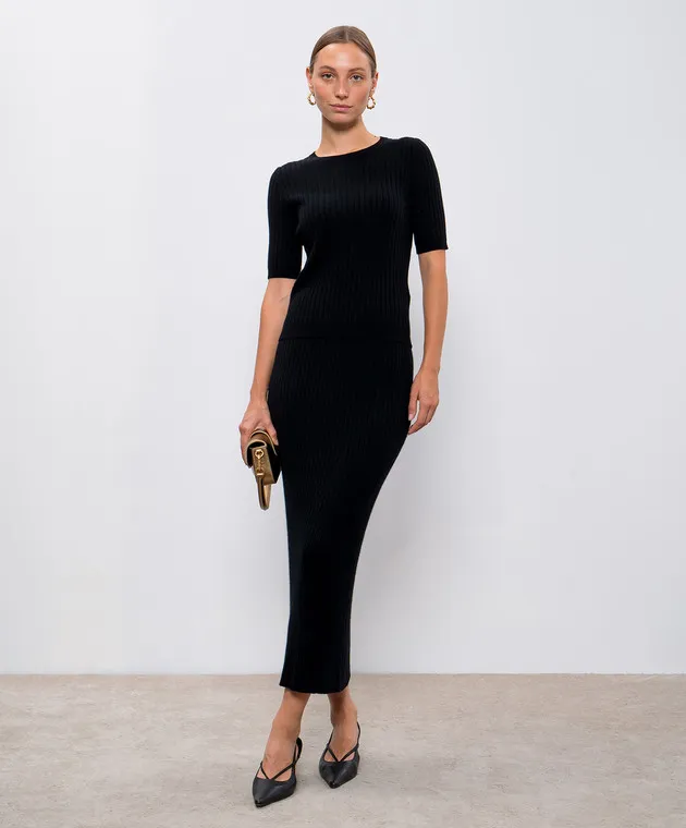 Allude Black ribbed cashmere midi skirt