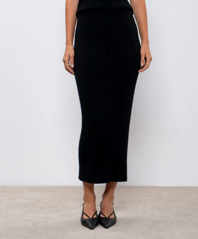 Allude Black ribbed cashmere midi skirt