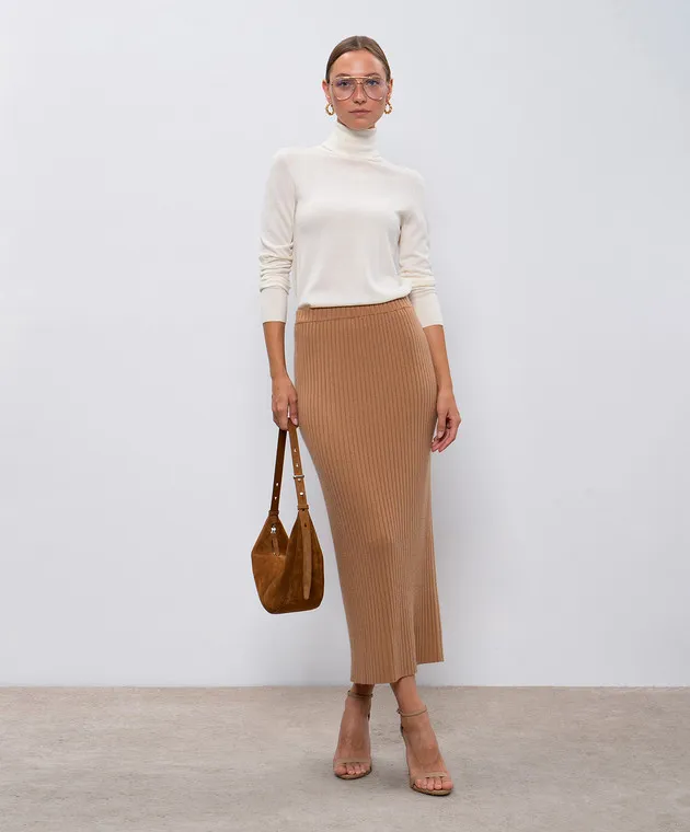 Allude Brown ribbed cashmere midi skirt