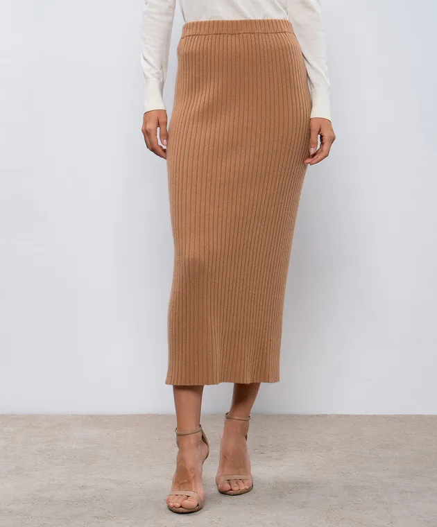 Allude Brown ribbed cashmere midi skirt
