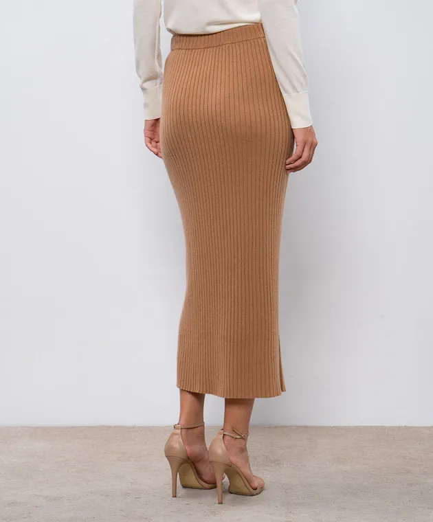 Allude Brown ribbed cashmere midi skirt