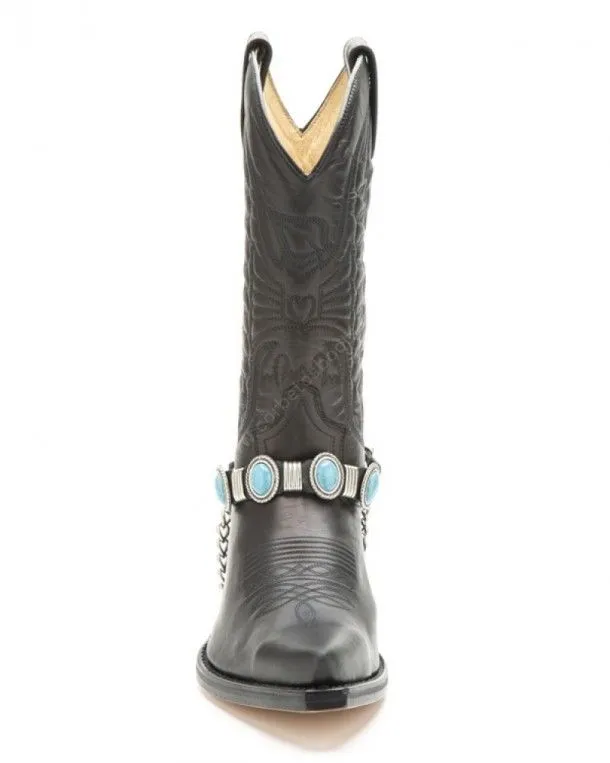 Arneses cowboy para bota cuero negro Sendra con turquesas grandes