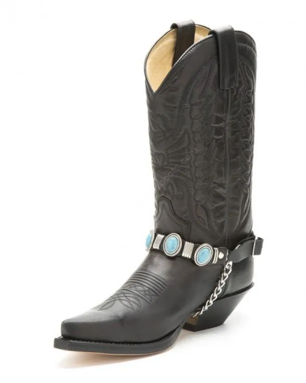 Arneses cowboy para bota cuero negro Sendra con turquesas grandes