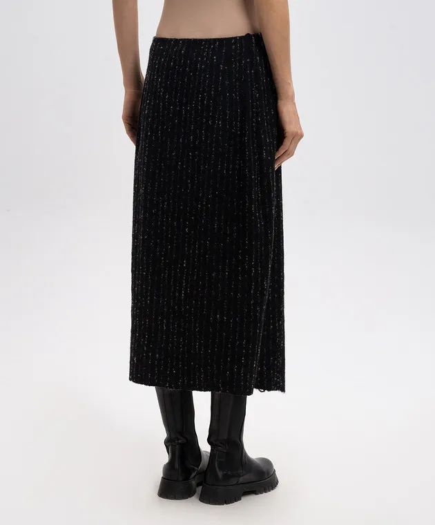 BOBOUTIC Black wool, silk, linen and cashmere striped midi skirt