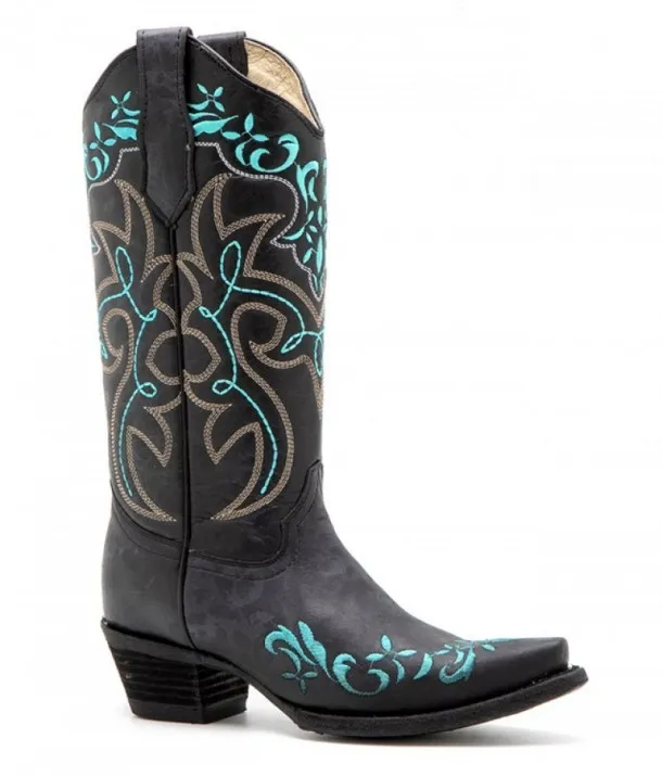 Bota cuero negro moda cowgirl con piteado color turquesa