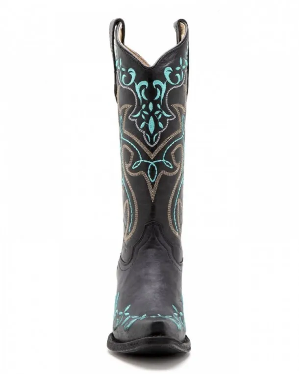 Bota cuero negro moda cowgirl con piteado color turquesa