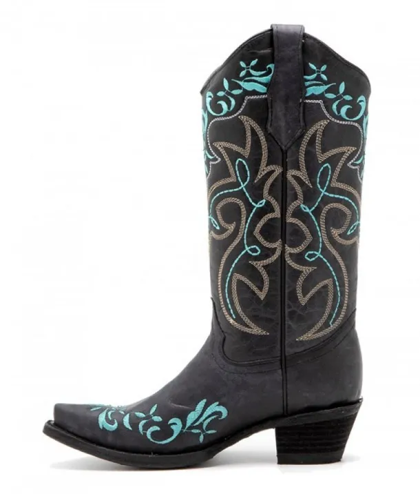 Bota cuero negro moda cowgirl con piteado color turquesa