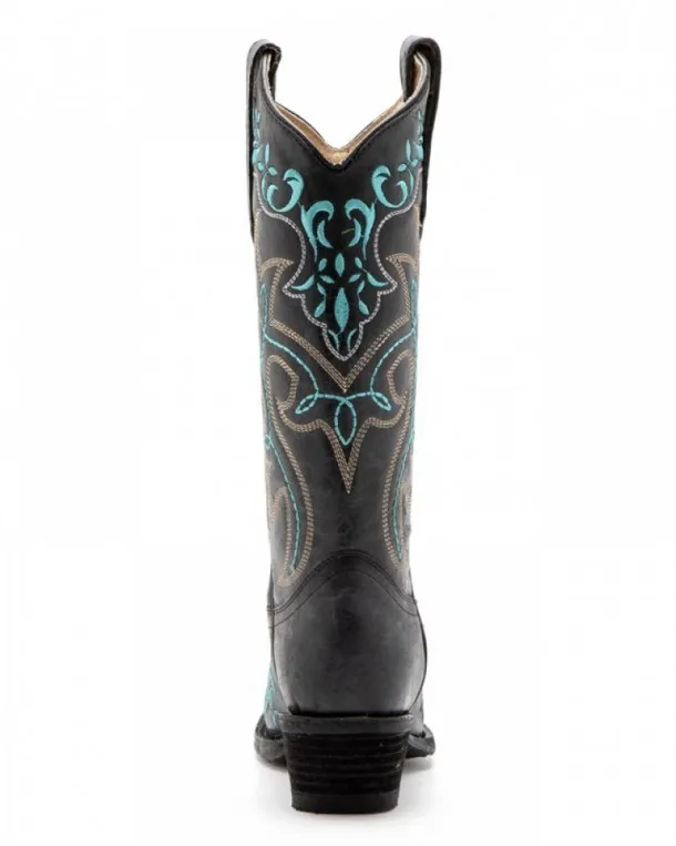 Bota cuero negro moda cowgirl con piteado color turquesa
