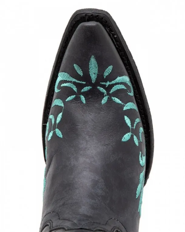 Bota cuero negro moda cowgirl con piteado color turquesa