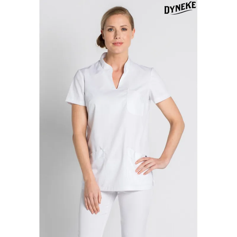 CAMISOLA SANITARIA DE MUJER BLANCA CON CUELLO MAO  DYNEKE
