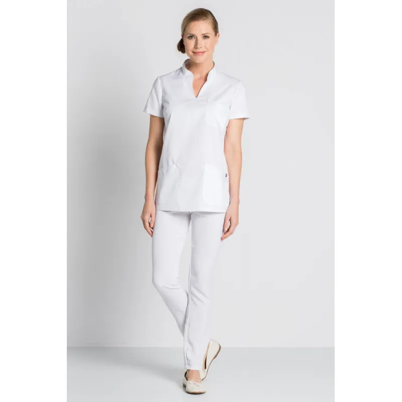 CAMISOLA SANITARIA DE MUJER BLANCA CON CUELLO MAO  DYNEKE