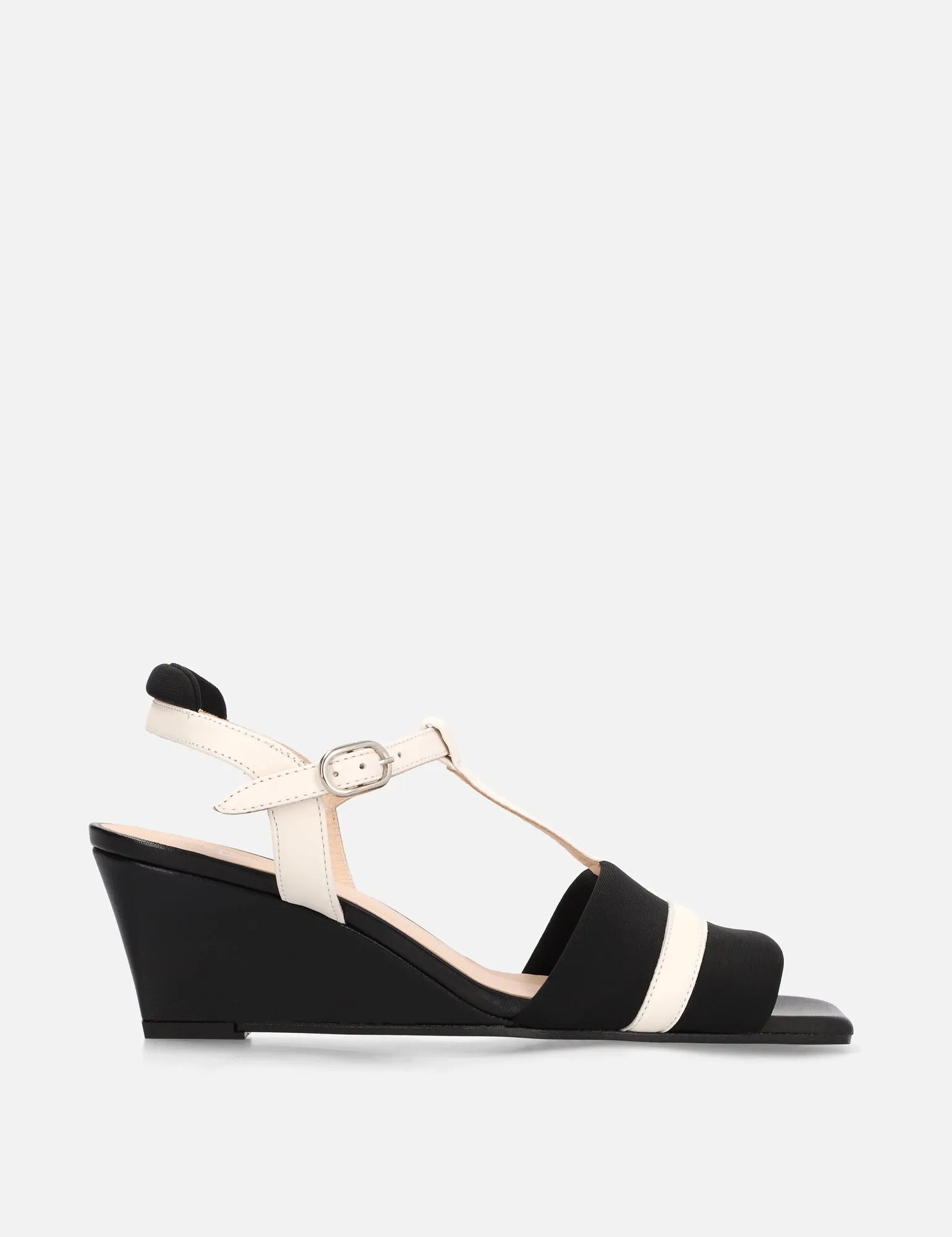Sandalia cuña baja piel y textil bicolor
