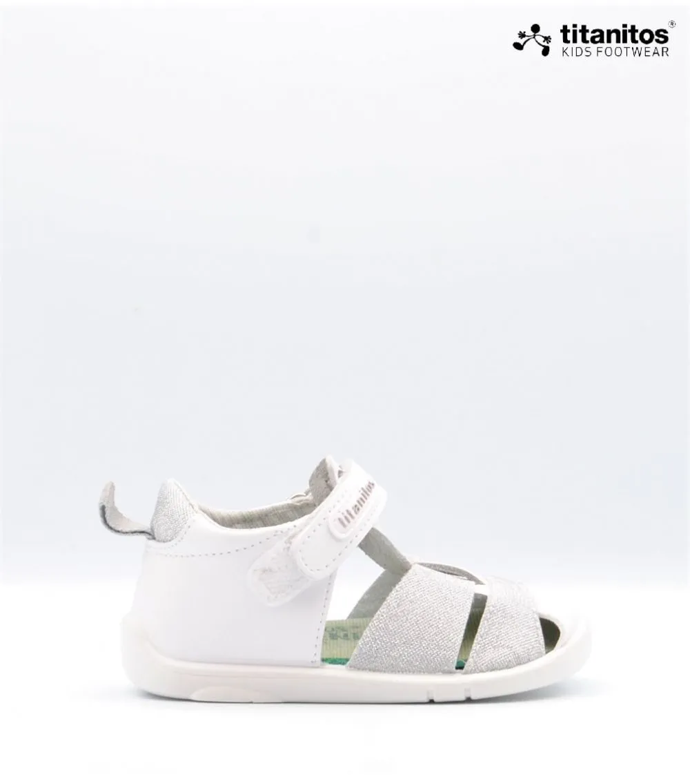 SANDALIAS TITANITOS BEBÉ TITI PIEL BLANCO Y GLITTER PLATA