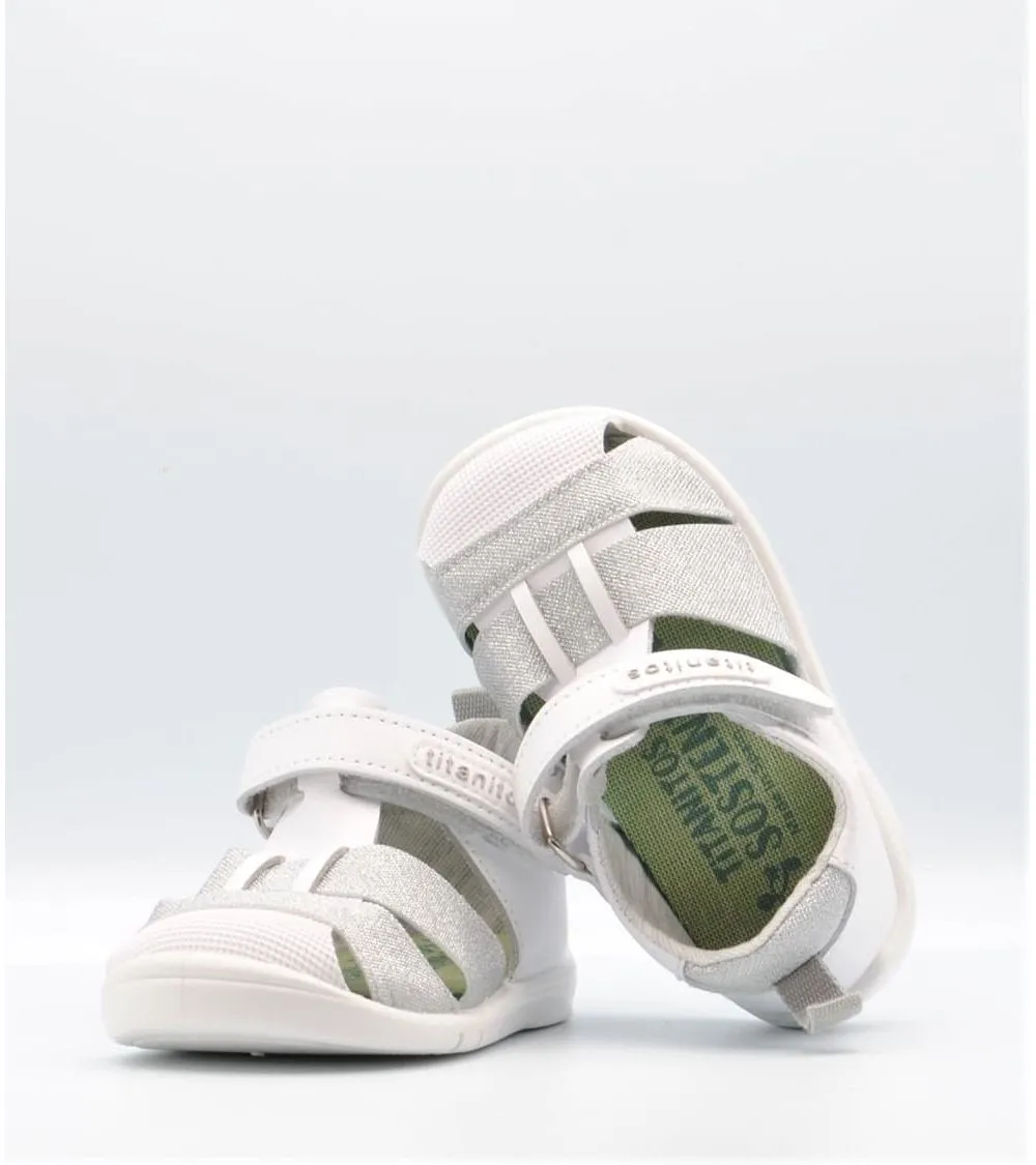 SANDALIAS TITANITOS BEBÉ TITI PIEL BLANCO Y GLITTER PLATA