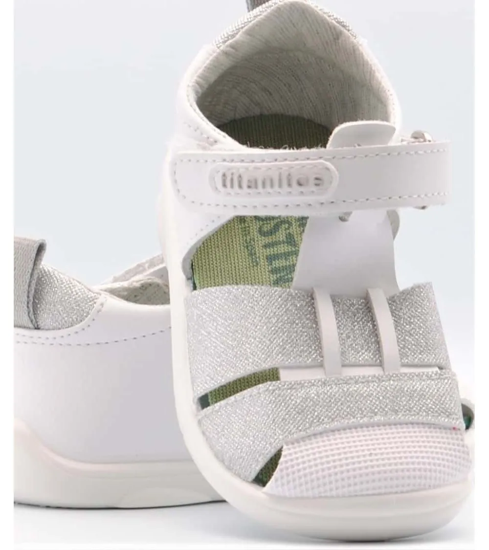 SANDALIAS TITANITOS BEBÉ TITI PIEL BLANCO Y GLITTER PLATA