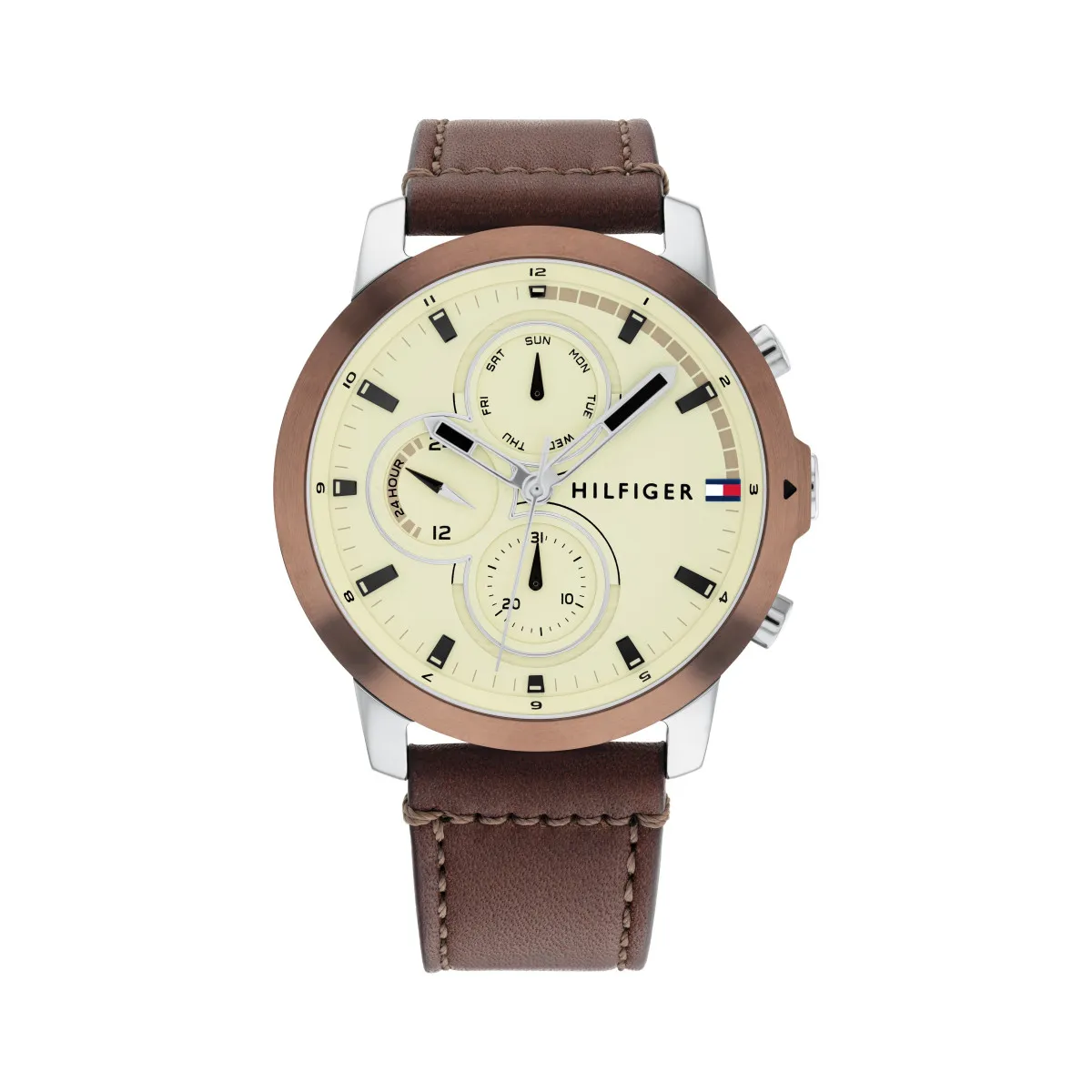 TOMMY HILFIGER RELOJ CON SUBESFERAS Y CORREA DE PIEL MARRÓN  TOMMY HILFIGER