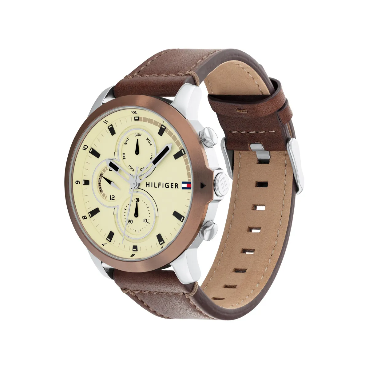 TOMMY HILFIGER RELOJ CON SUBESFERAS Y CORREA DE PIEL MARRÓN  TOMMY HILFIGER