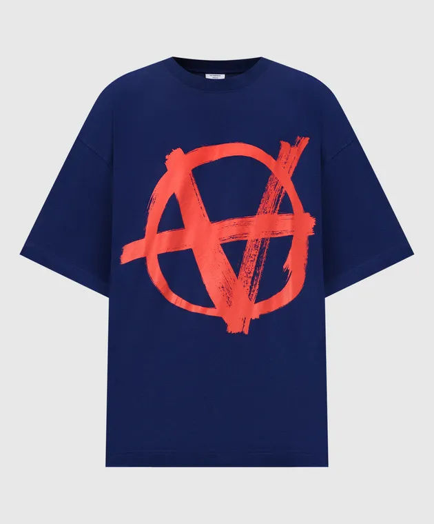 VETEMENTS BLUE TSHIRT WITH BLACK ANARCHY LOGO PRINT