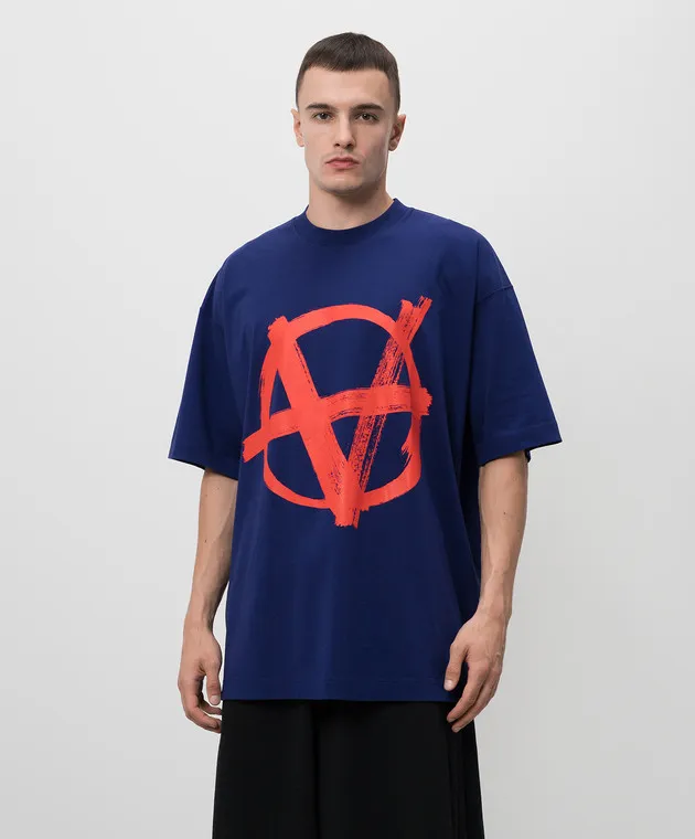 VETEMENTS BLUE TSHIRT WITH BLACK ANARCHY LOGO PRINT