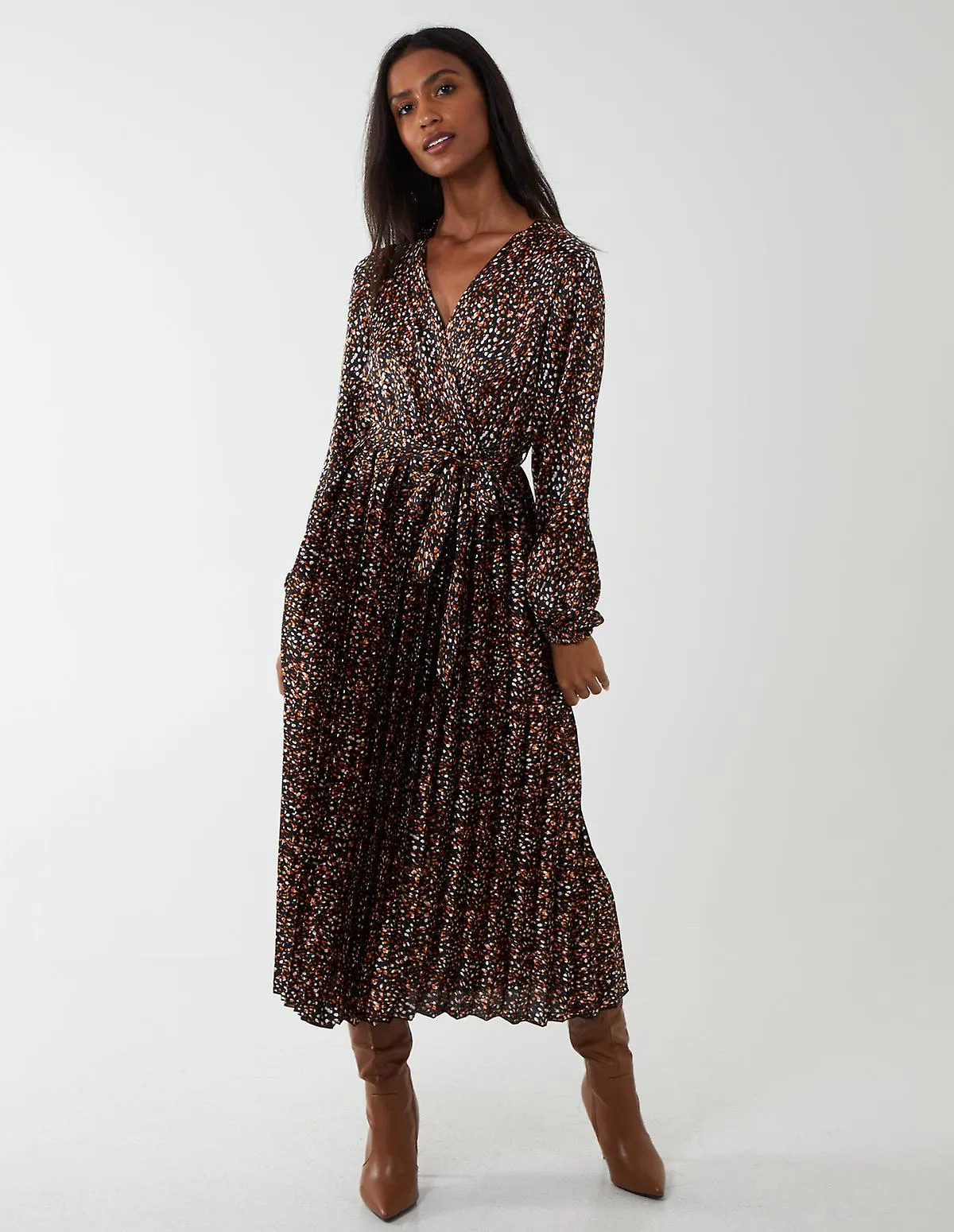 Wrap front belted pleated midi dress9501