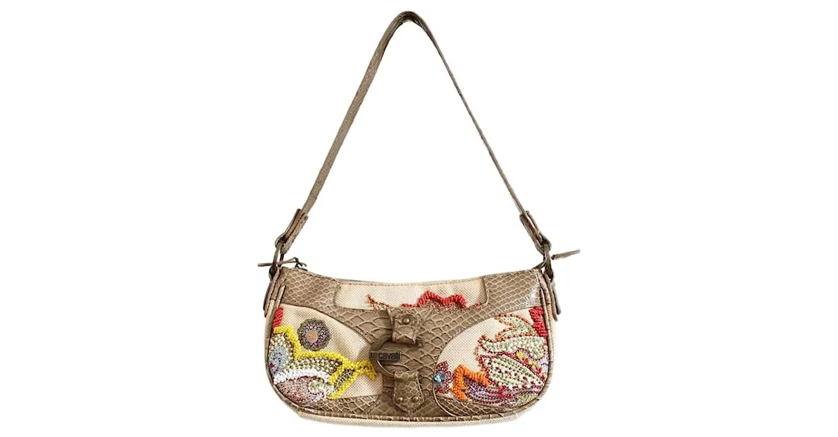 Y2K Just Cavalli vintage beige schoudertas schoudertasje designer tas tasje handtas met kralen kraaltjes 00S 00's ceros esti