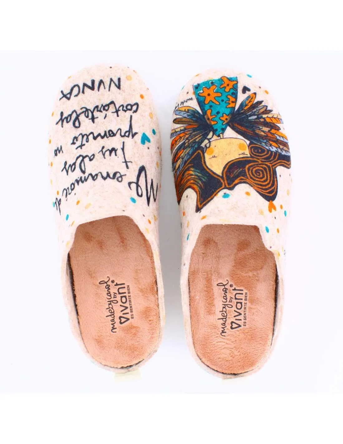 Zapatilla de Casa "Me enamoré de tus alas, prometo no cortarlas nunca" Fieltro Beig